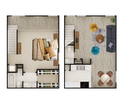 Floor plan for 1 bed, 1.5 baths, 833 sqft